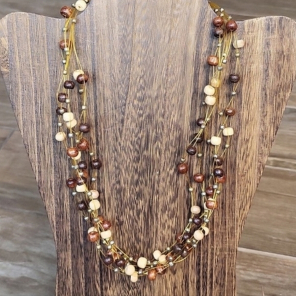 Vintage Lightweight Multi-Strand Wood & Mini Gold Bead Necklace w/ Extender - Picture 1 of 6